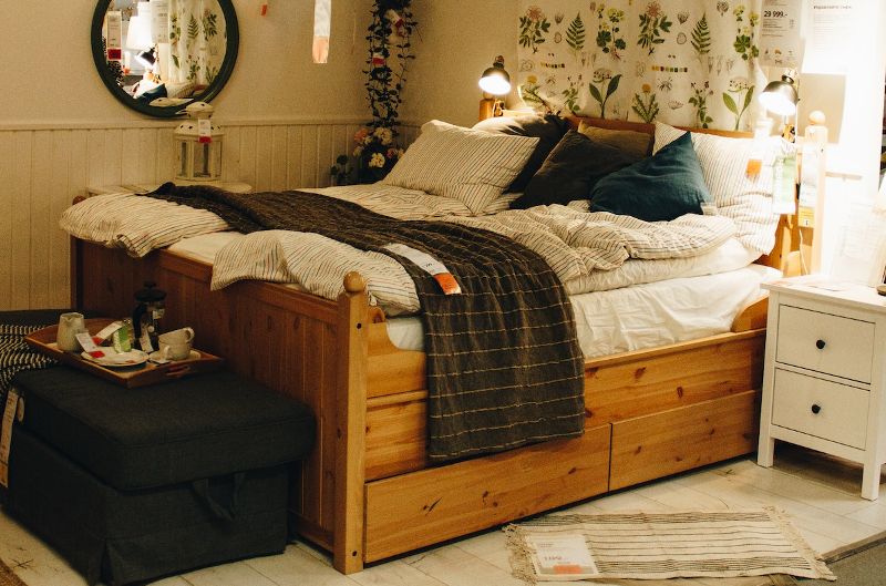 wooden platform bed with storage